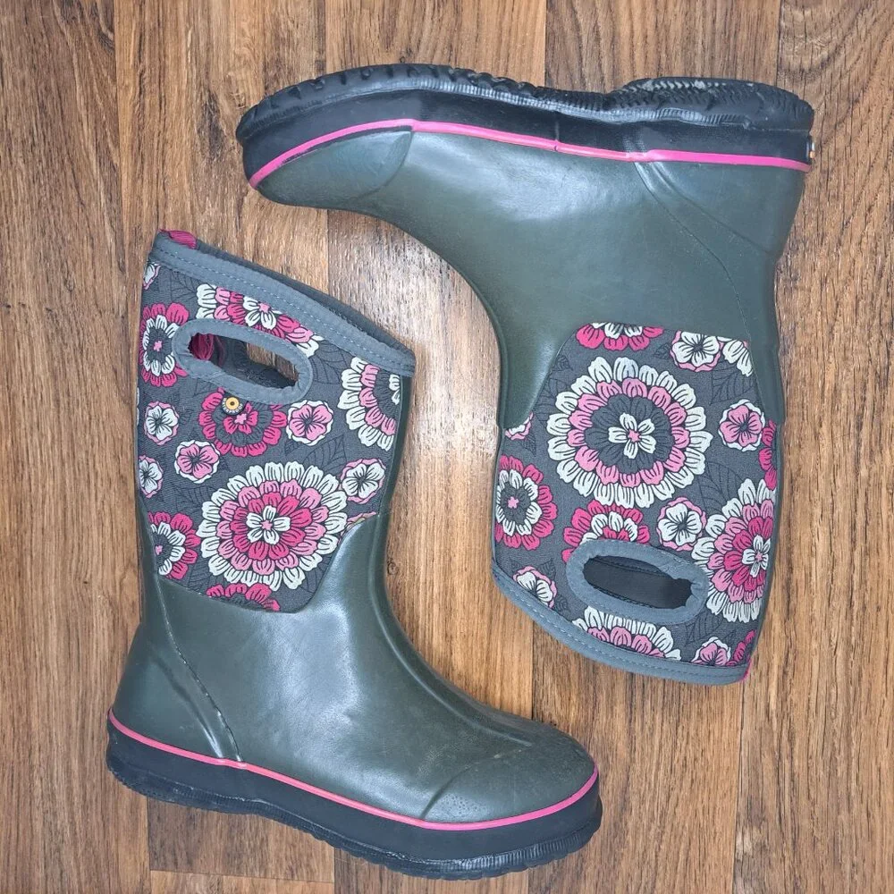 Bogs Girls Gray Pink Floral Winter Boots Size 5